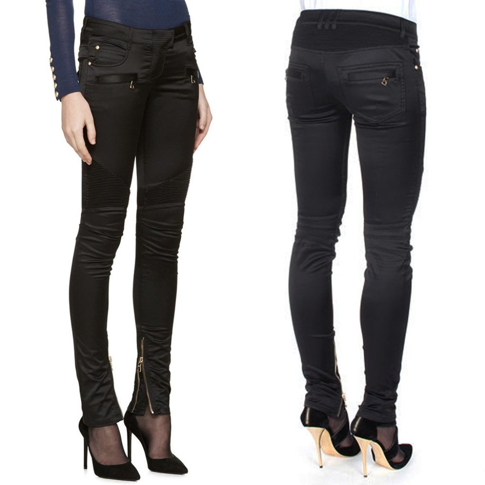 BALMAIN Black Satin Gold Zip Ankle Simulated Knee Skinny Leg Moto Pants Small
